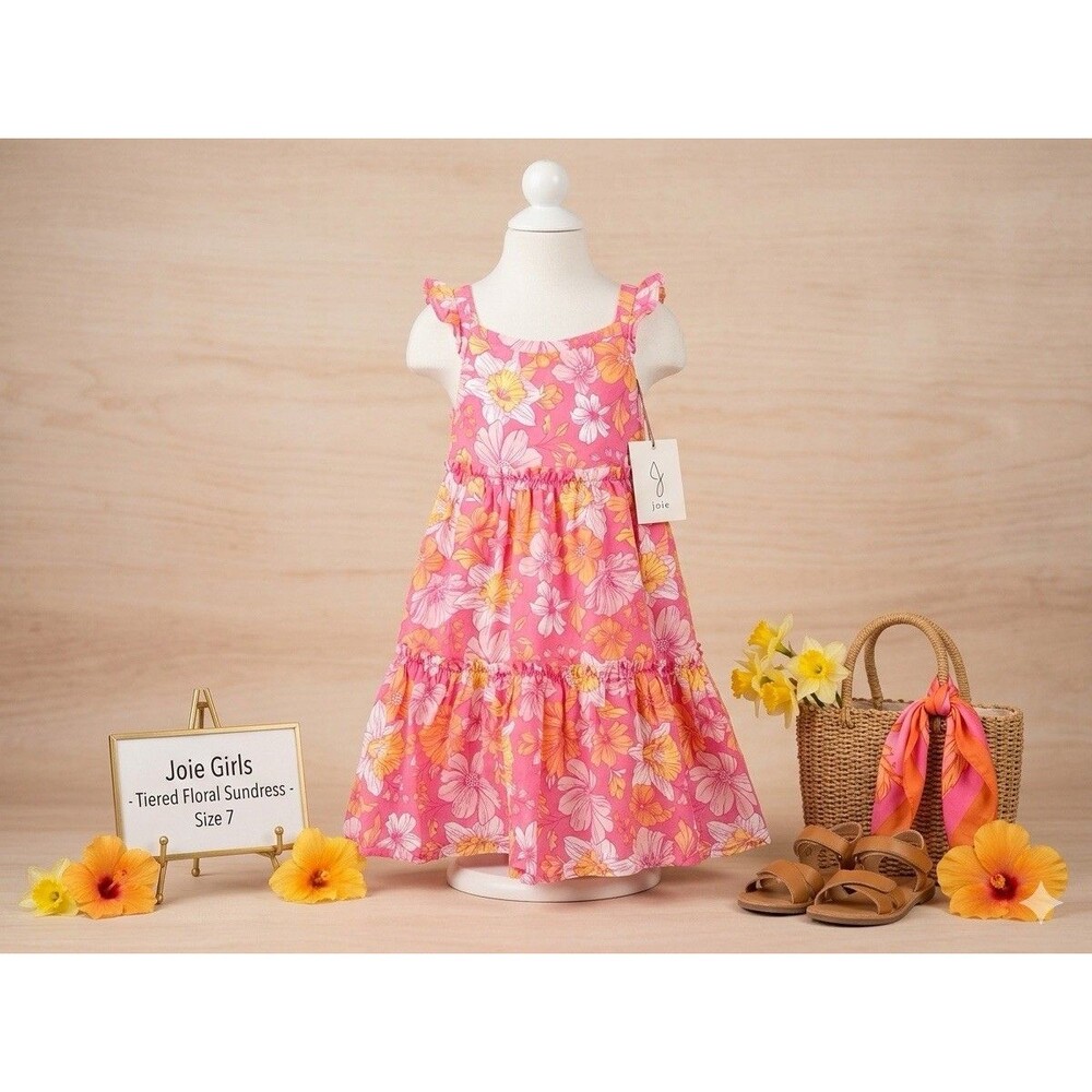 Joie Girls Pink Orange Floral Tiered Sundress Size 7 Cotton Ruffle Strap Boho
